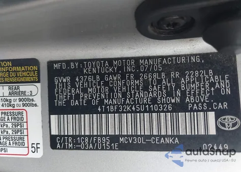 2005 Toyota Camry Le V6 из США, поврежденный, VIN 4T1BF32K45U110326